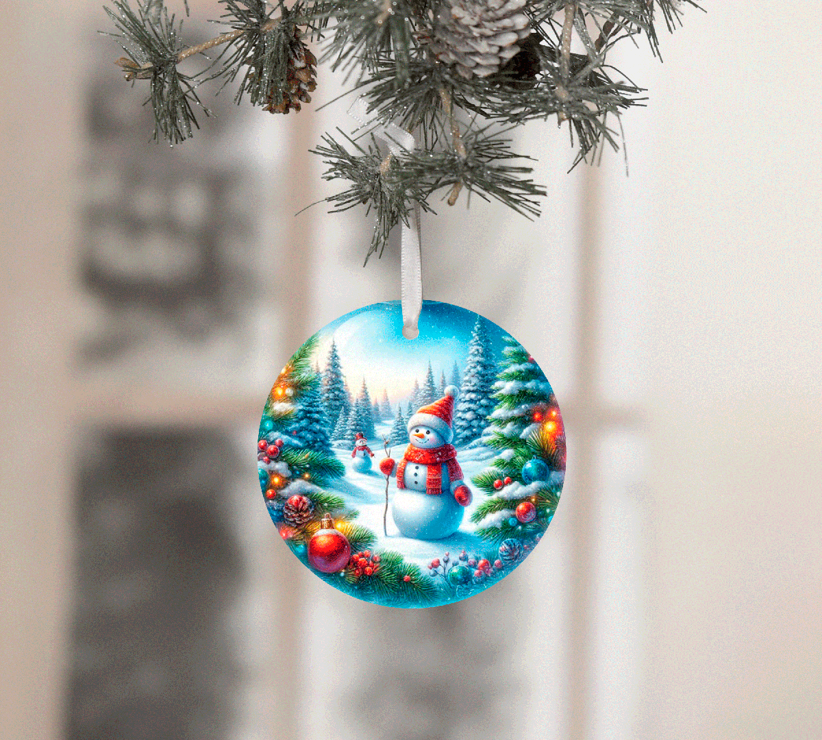 Circular Christmas ornament with a snowman and festive trees hanging on a tree branch.
