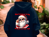 Navy blue hoodie with a graphic of Santa Claus and text on the back, worn by a person.
