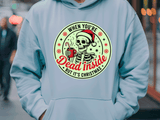 Light blue hoodie with a Christmas-themed graphic and text.