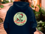 Navy blue hoodie with a festive skeleton design on the back, worn by a person.