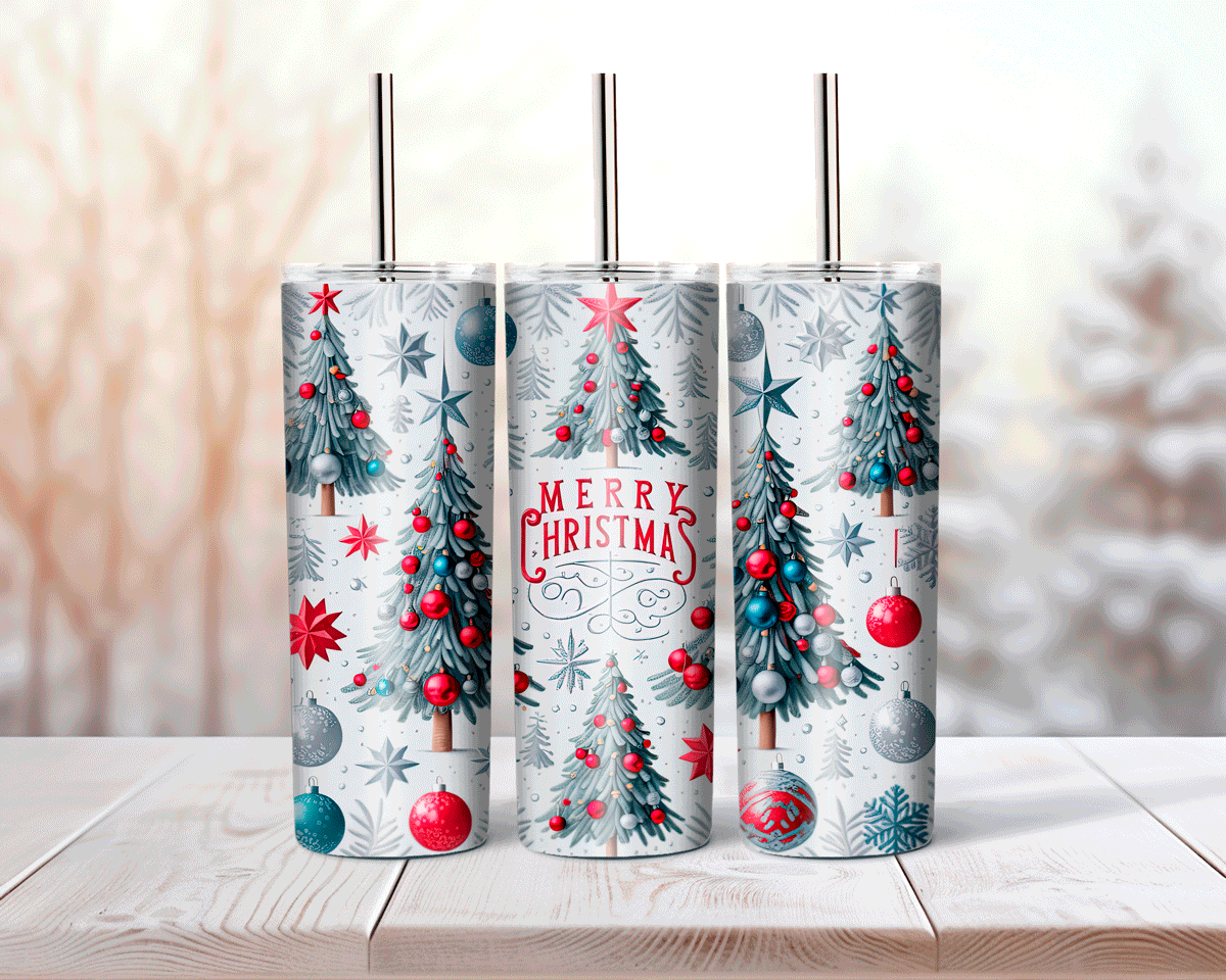 Three Christmas-themed tumblers with trees, ornaments, and 'Merry Christmas' text on a blurred background.