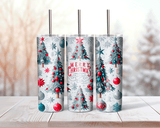 Three Christmas-themed tumblers with trees, ornaments, and 'Merry Christmas' text on a blurred background.