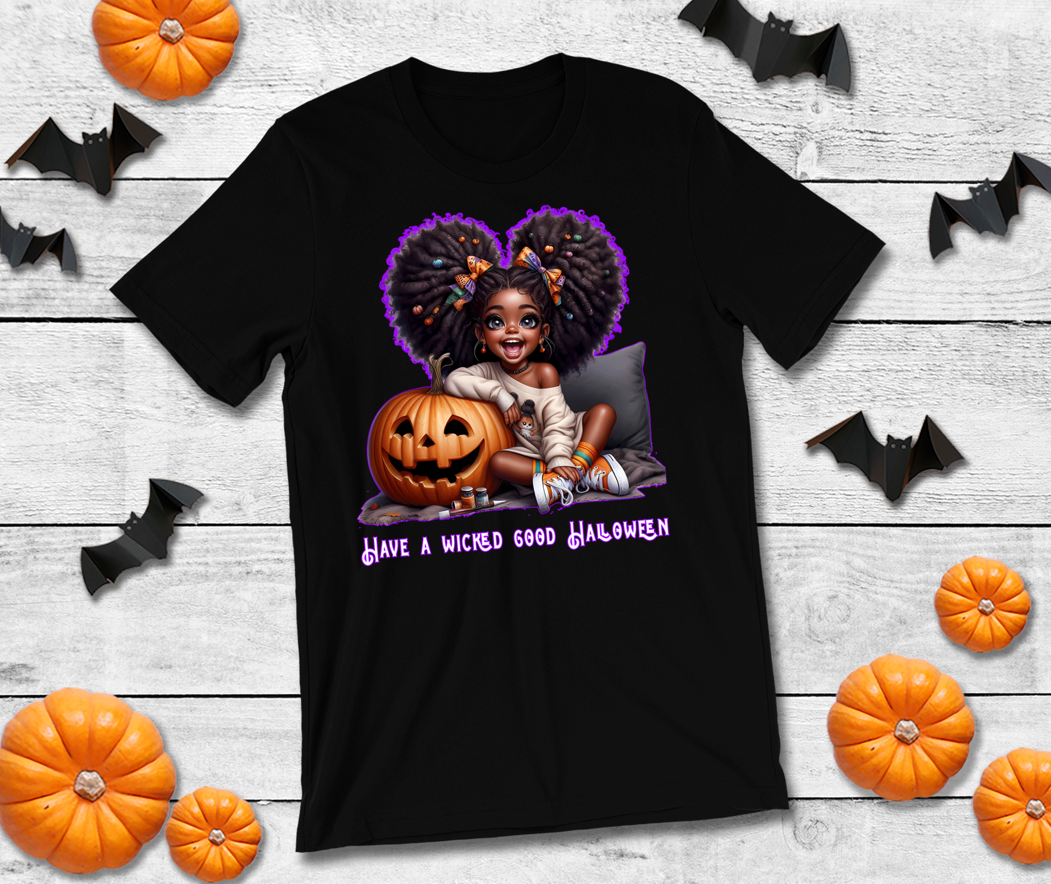 Black t-shirt with Halloween-themed design featuring a child with purple hair, pumpkin, and text on a wooden background with pumpkins and bats.