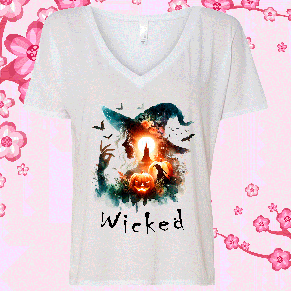 White V-neck t-shirt with a Halloween-themed design featuring a witch, pumpkin, and the word 'Wicked' on a pink floral background.