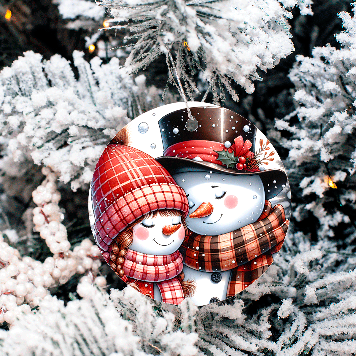 Decorative Christmas ornament with a snowman and snowperson couple on a tree.