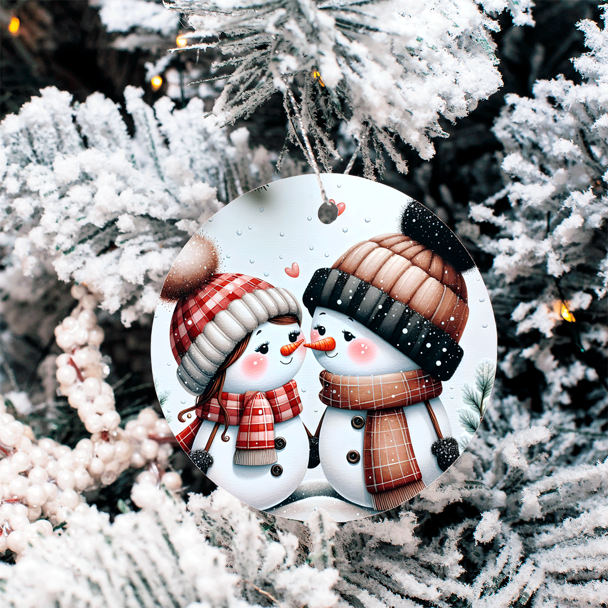 Decorative ornament with two snowpeople wearing hats and scarves on a snowy tree background