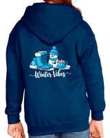 Navy blue hoodie with 'Winter Vibes' design on the back