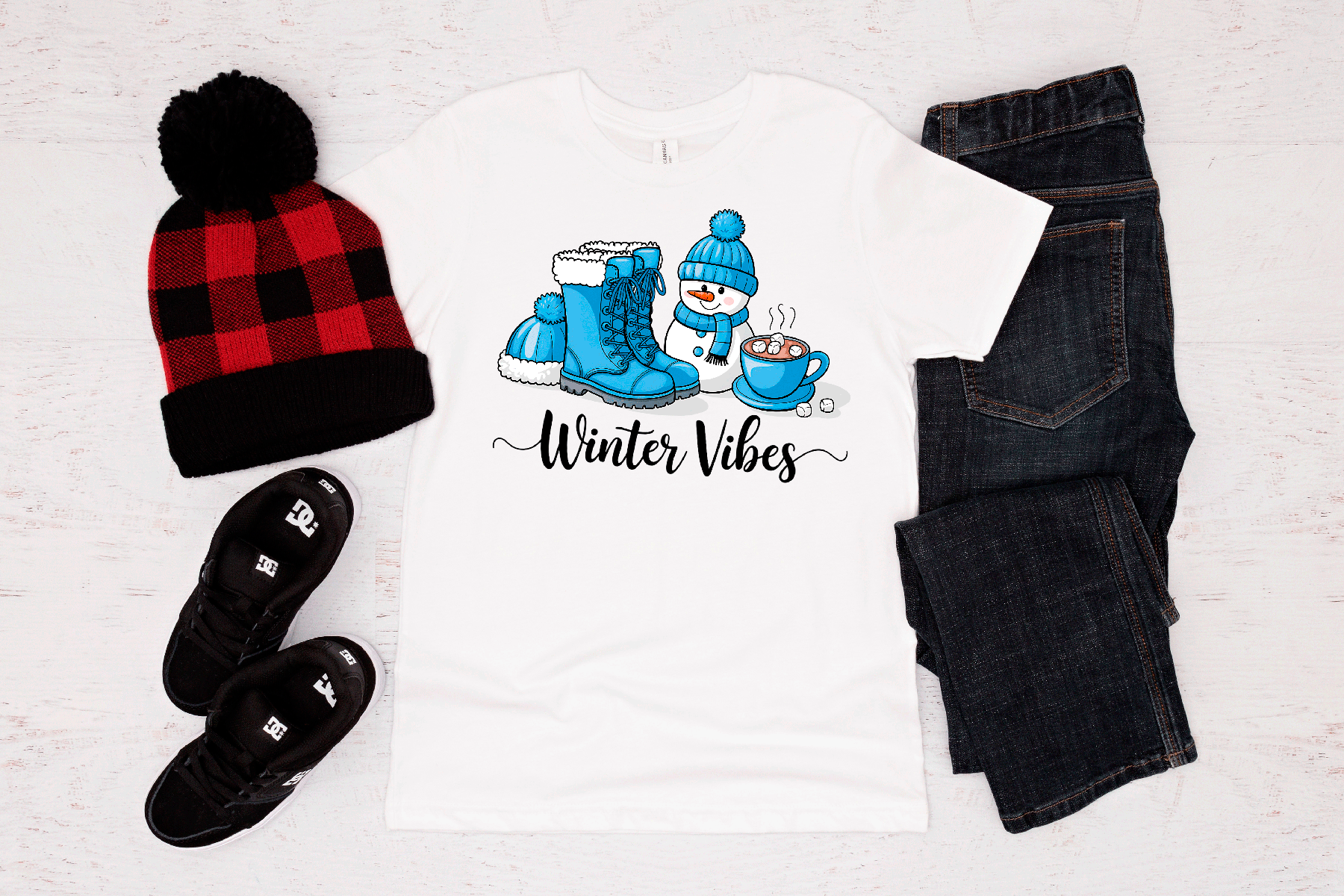 Winter-themed clothing and accessories on a white background with 'Winter Vibes' text.
