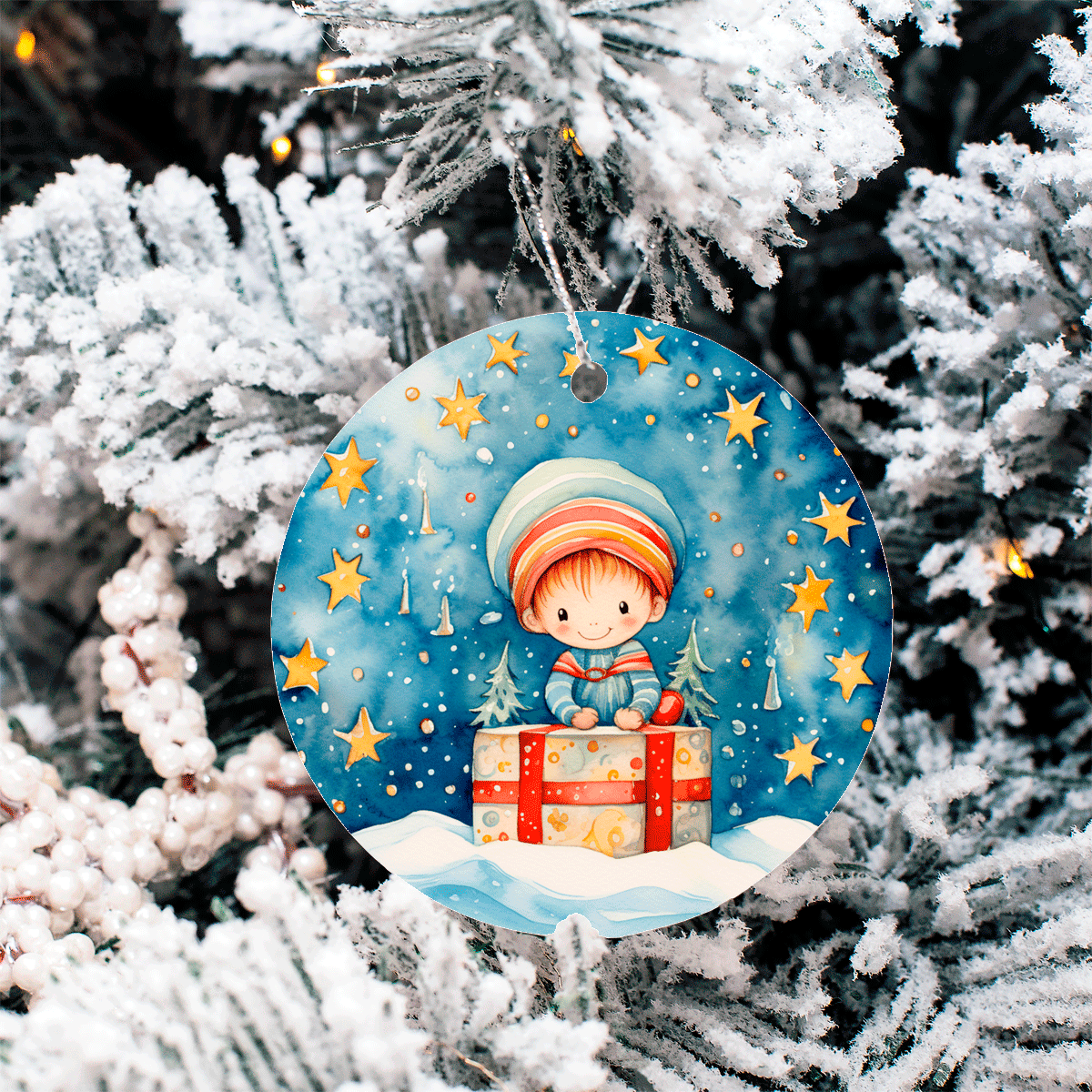 Decorative Christmas ornament with a child holding a gift, hanging on a snow-covered tree.