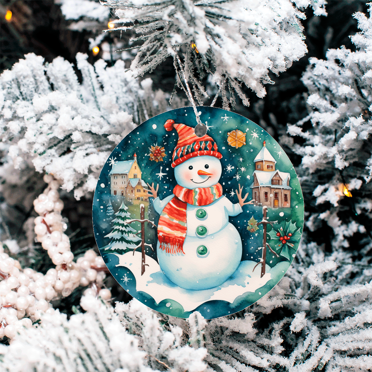 Decorative Christmas ornament with a snowman on a tree