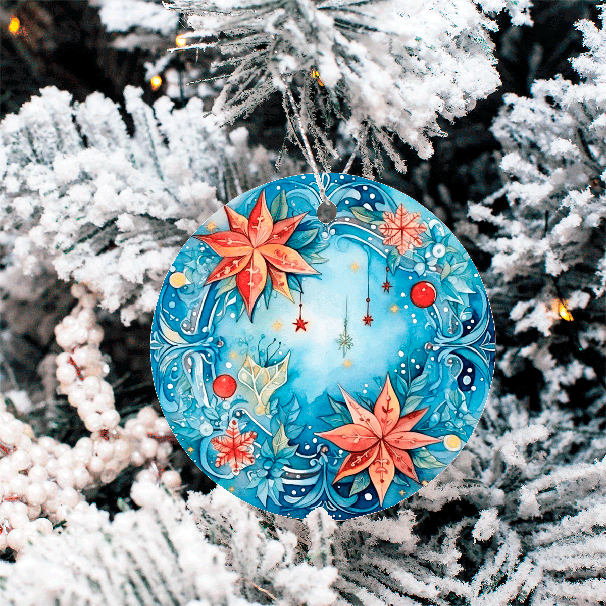 Decorative Christmas ornament with floral design hanging on a snow-covered tree.