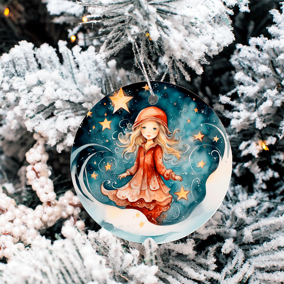Decorative Christmas ornament with a girl in a red coat and stars on a snowy tree background