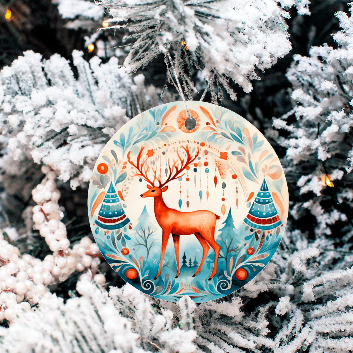 Decorative Christmas ornament with a deer design hanging on a snow-covered tree.
