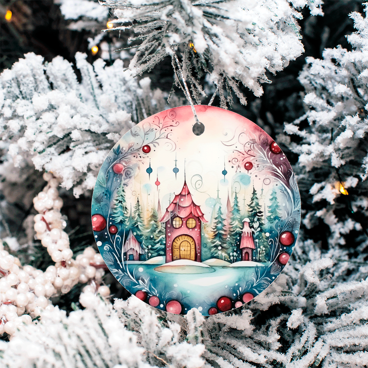 Winter Wonderland Christmas Set 1 Sublimated Ceramic Ornament 3", 5 Piece Set