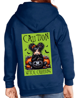 Caution Witch Crossing Halloween HTV Graphic Youth Full-zip Hoodies