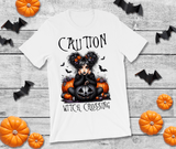 Caution Witch Crossing Halloween Sublimated Graphic Unisex T-shirts