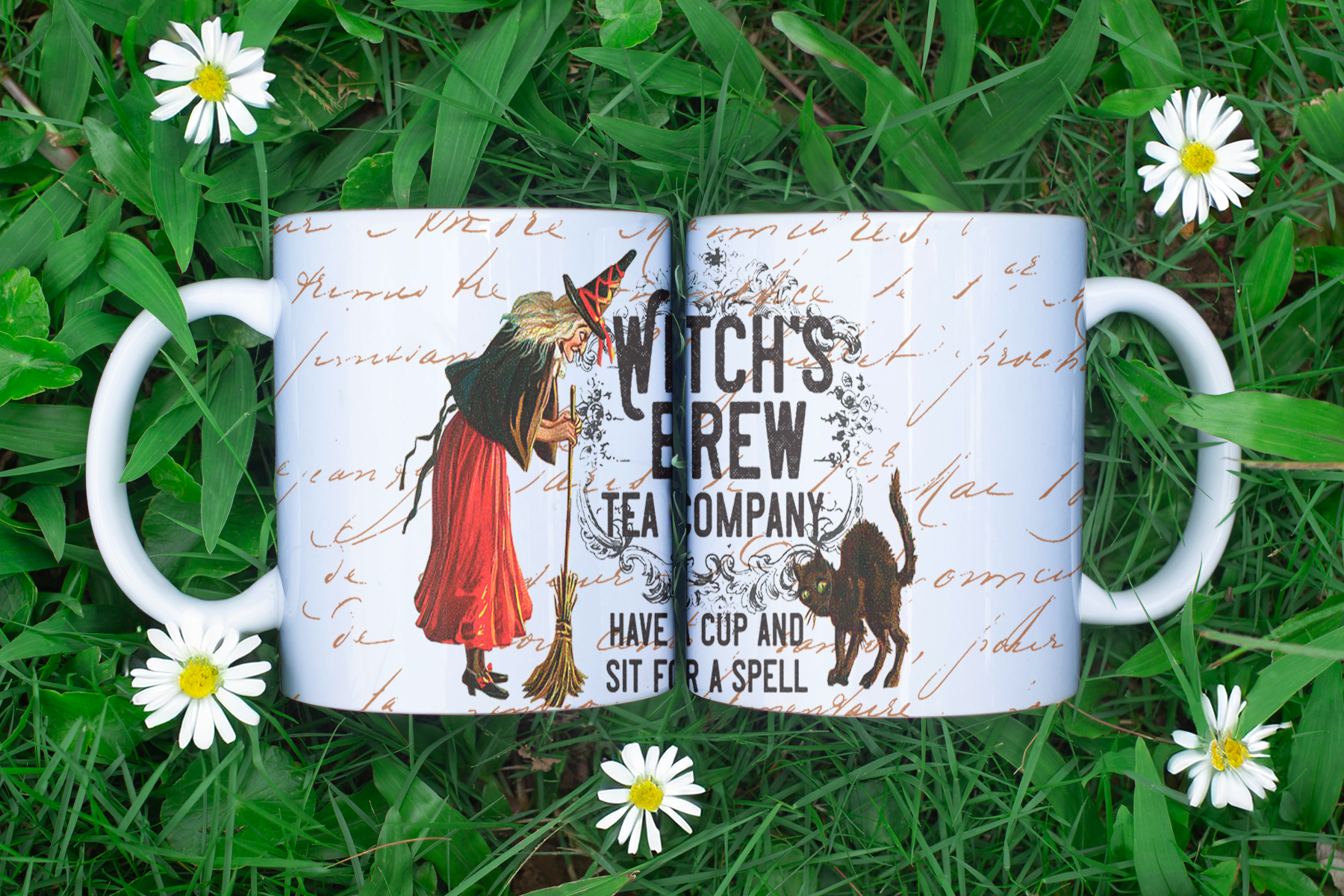 Witch-themed mug with 'Witch's Brew Tea Company' text on a grassy background with daisies.