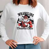 White sweatshirt with a graphic design of a cowboy and 'Wrangling Christmas Cheer' text.