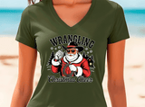 Green t-shirt with a graphic of Santa Claus and 'Wrangling Christmas Cheer' text on a beach background.