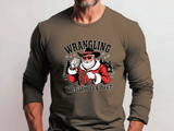 Brown long-sleeve shirt with a graphic of Santa Claus and text 'Wrangling Christmas Cheer' on a plain background.