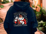 Navy blue hoodie with a graphic of Santa Claus and 'Wrangling Christmas Cheer' text on the back.