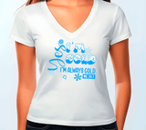 White t-shirt with blue text and graphics worn by a person on a light gray background