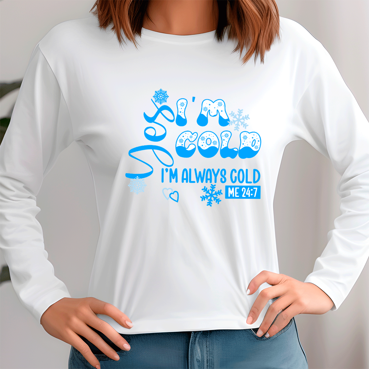 White sweatshirt with blue text and graphics worn by a person