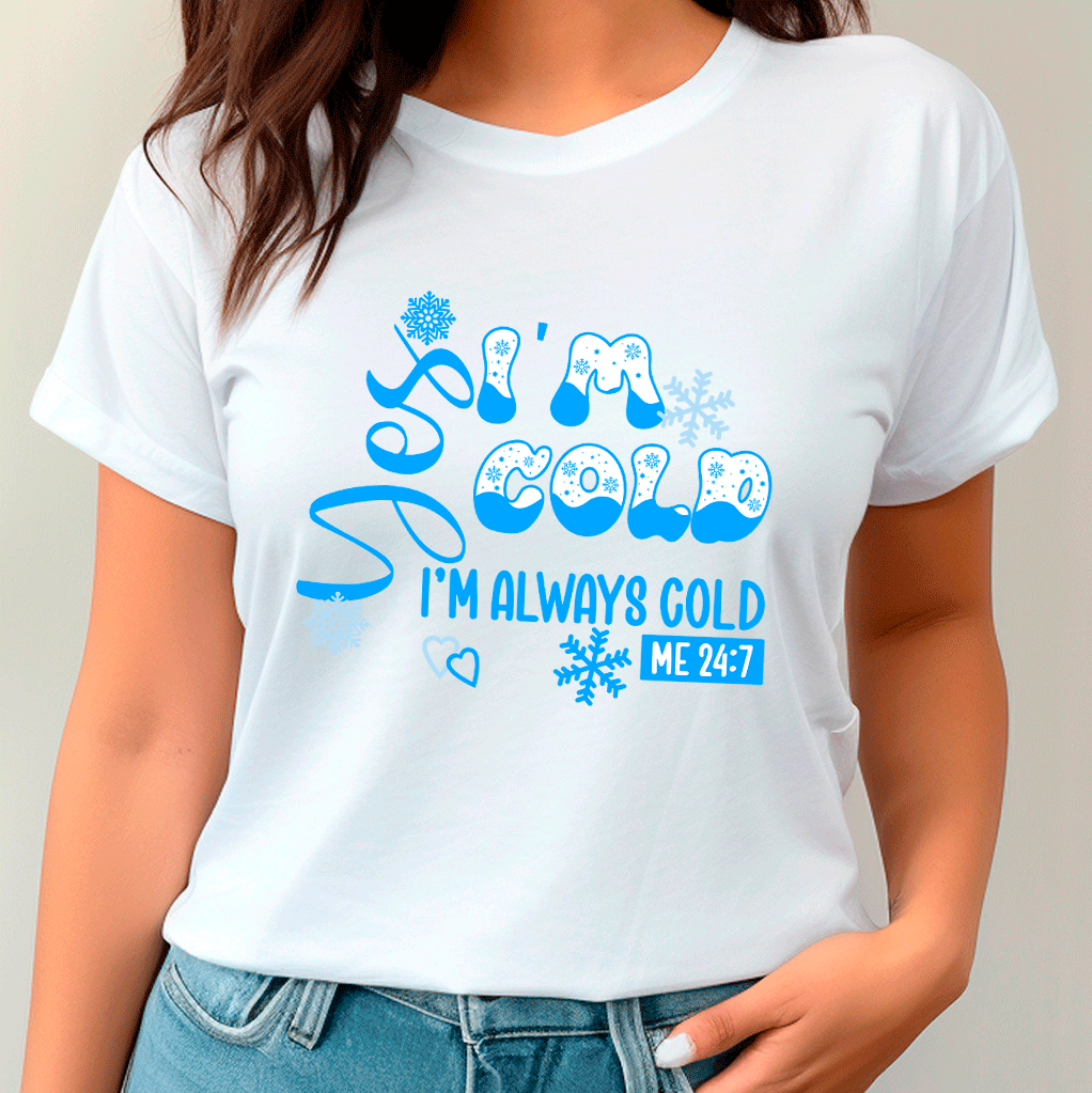 White t-shirt with blue text and graphics worn by a person against a neutral background