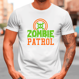Person wearing a white t-shirt with 'Zombie Patrol' design.