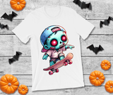 White t-shirt with a colorful skull design on a wooden surface with Halloween decorations.